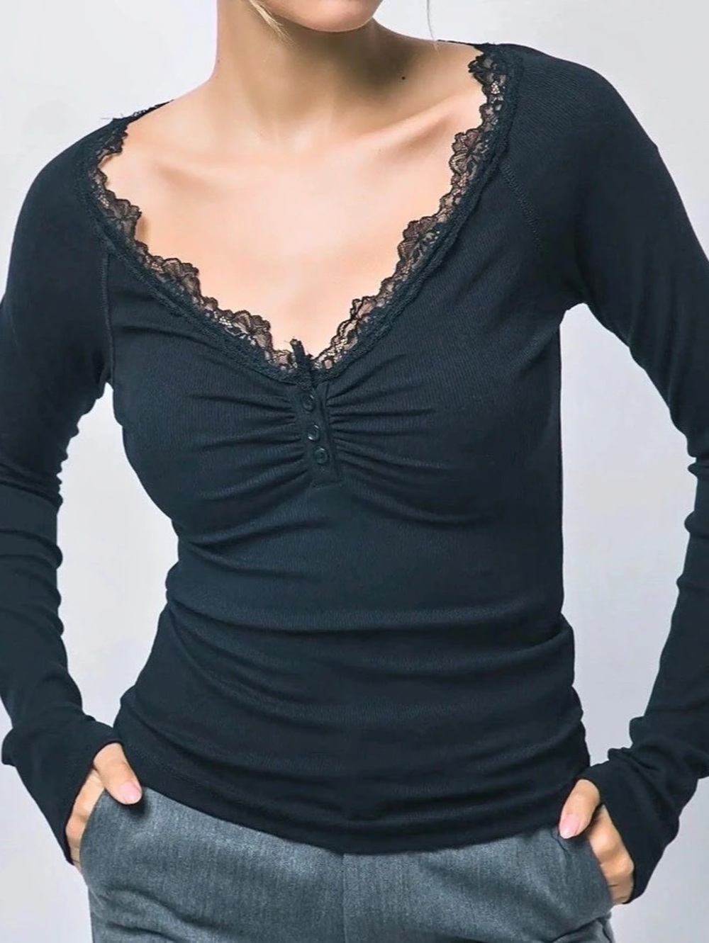 42POPS Black Lace Trim Ribbed Long Sleeve Henley Top
